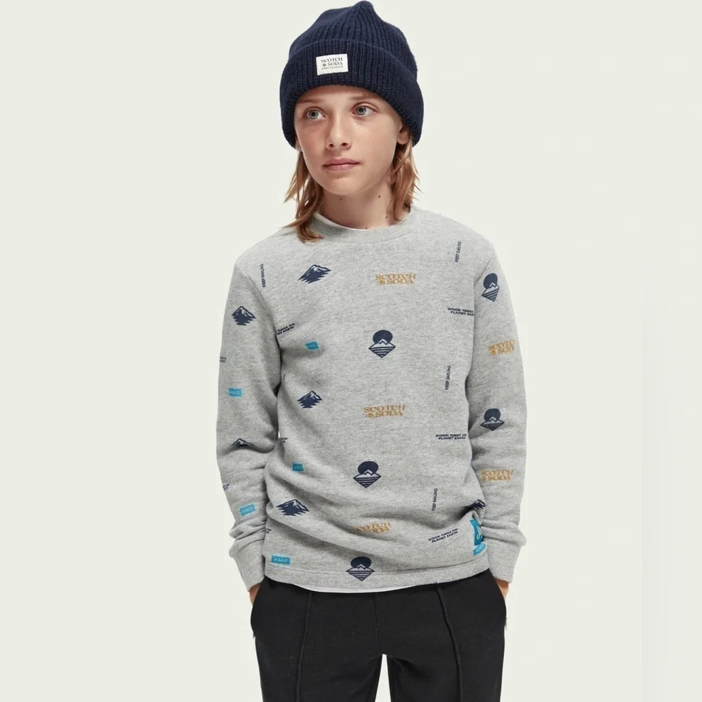 Scotch & Soda Boys Long Sleeve Printed T Shirt Gray NWT